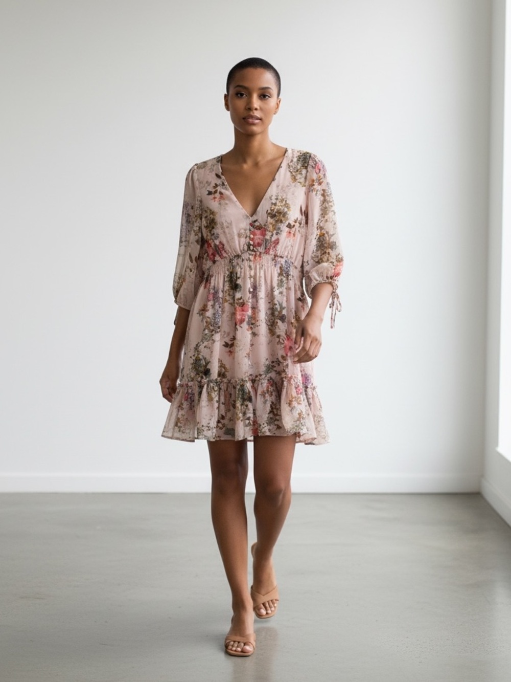 Taylor Blush Floral V-Neck Ruffle Mini Dress